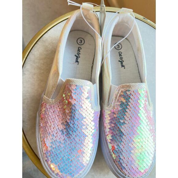 Cat & Jack Girls Size 3 Slip-On Sneakers | Pink Sequin Iridescent Shoes NWT - Picture 10 of 11